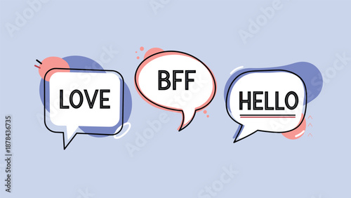 Three overlapping speech bubbles with the words love, bff, and hello in bold font on a light purple background for social media and texting themes.