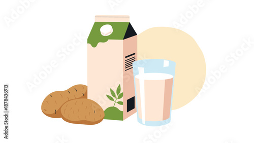 Nutritious plant-based potato milk presented with a full carton, a fresh glass of milk, and organic potatoes in a simple graphic illustration.