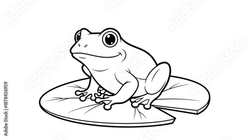 Black and white line art illustration of a happy frog sitting on a lily pad leaf, designed for children coloring book pages and activities.