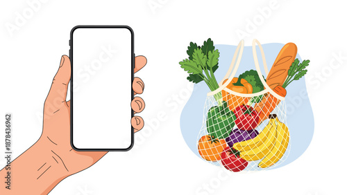Person holding a smartphone with a blank white screen next to a mesh bag full of fresh groceries, representing mobile online shopping apps.