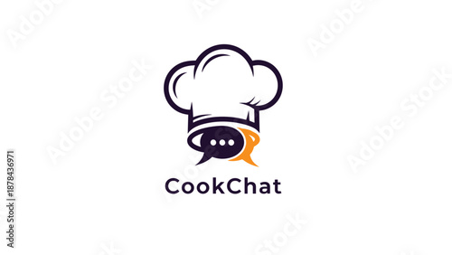 Modern logo design for a brand named CookChat featuring a white chef hat integrated with a black and orange speech bubble icon.