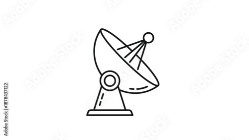Minimalist black outline icon of a satellite dish or parabolic antenna used for telecommunications, signal reception, and space research.