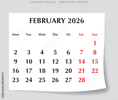 February 2026 month calendar page. English vector design Monday start
