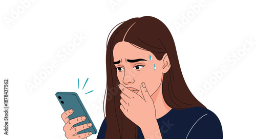 Shocked young woman with long dark hair looking at her smartphone screen with a worried and sweating expression.