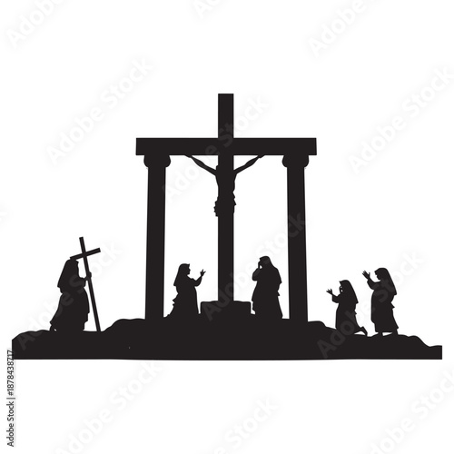 Silhouette of Jesus Christ on the cross with mournful figures