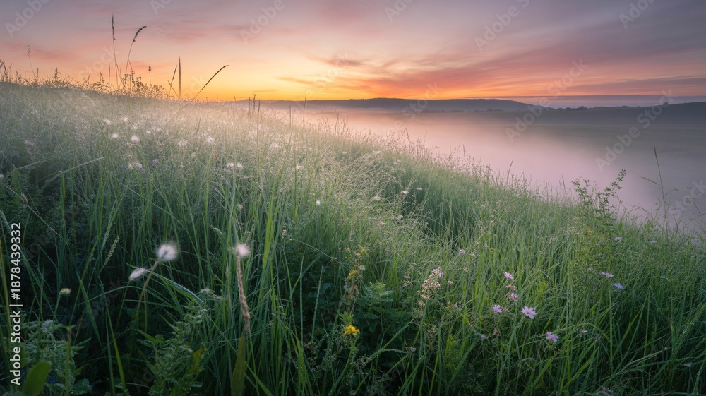 Obraz premium Serene landscape with lush green grass and vibrant wildflowers at sunrise