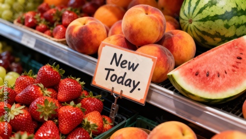 Produce display featuring fresh red strawberries, ripe fuzzy peaches, and watermelon with a 'New Today' price sign.