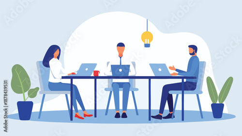 Three coworkers collaborate on laptops at a table with plants and a light bulb