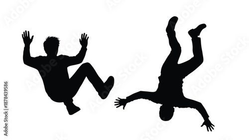Two people falling and jumping dynamic poses captured in black silhouette