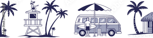 Beach themed flat illustration set with surfer van palm trees lifeguard tower and hut, summer vacation coastal lifestyle concept design