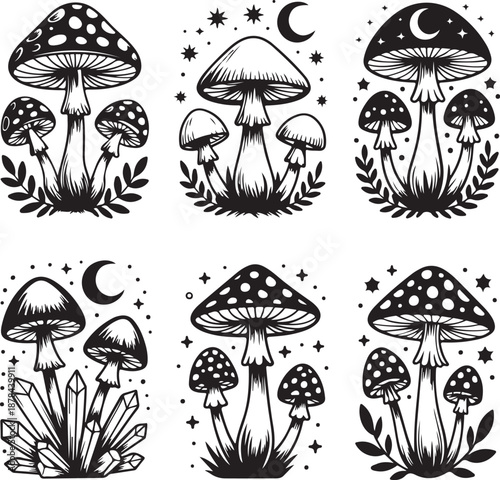 black and white illustration of mushrooms and crystals with stars and moon