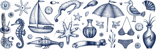 Hand drawn coastal summer illustration set with seashells sailboat seahorse beach umbrella swimsuit marine elements vintage line art style