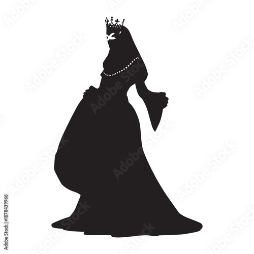 Elegant queen in black dress and crown standing regally