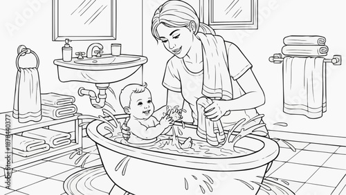 Children's coloring book - Mother bathing baby in tub, enjoying time together in bathroom  