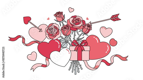 Valentine's Day Composition: Charming illustration features an arrow pierced heart, surrounded by blossoming roses, ribbons, and gift, celebrating love and romance.