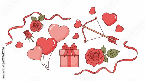 Love's Embrace: An array of romantic elements—hearts, roses, ribbons, and a gift—combine to depict love, affection, and tenderness.