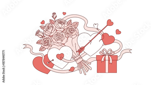 Valentine's Bouquet with Heart's Arrow: A collection of roses, ribbons, hearts, and gift boxes create a composition, perfectly symbolizing romance, love, and affection. 