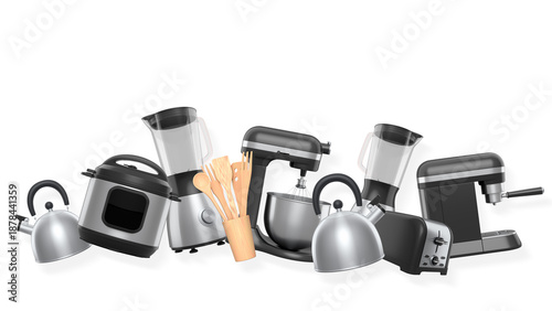 Collection of kitchen appliances with wooden utensils, isolated on white background, modern kitchen tools