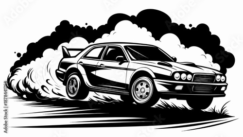 Black Rally Car Drifting with Smoke and Dust – Dynamic Racing Vector Illustration