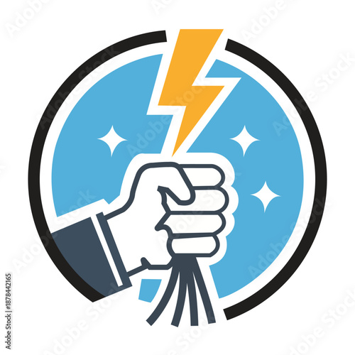Electrician Logo Design Featuring Hand Gripping Electrical Wires and Lightning Bolt Symbol - Professional Branding for Energy and Power Repair