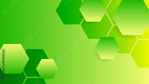 Eco-friendly green abstract background featuring various hexagonal shapes with shadows and highlights representing organic growth and technology