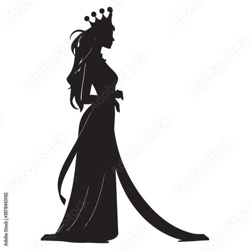 Elegant queen in black silhouette wearing crown and long dress