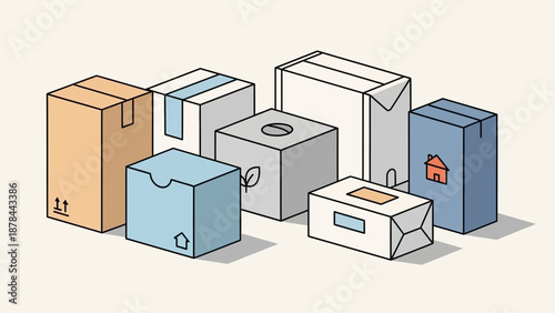 Assorted cardboard boxes, packaging, delivery, logistics, shipping, e-commerce, storage