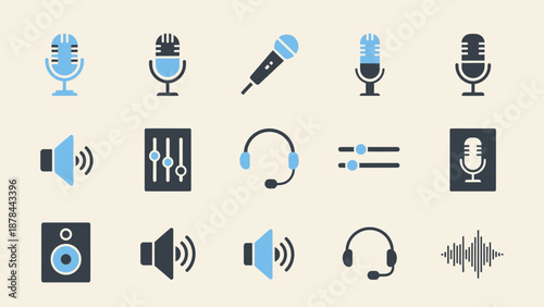 Audio Icons: Microphones, Speakers, Headphones, Sound Mixer, Equalizer, Waveform