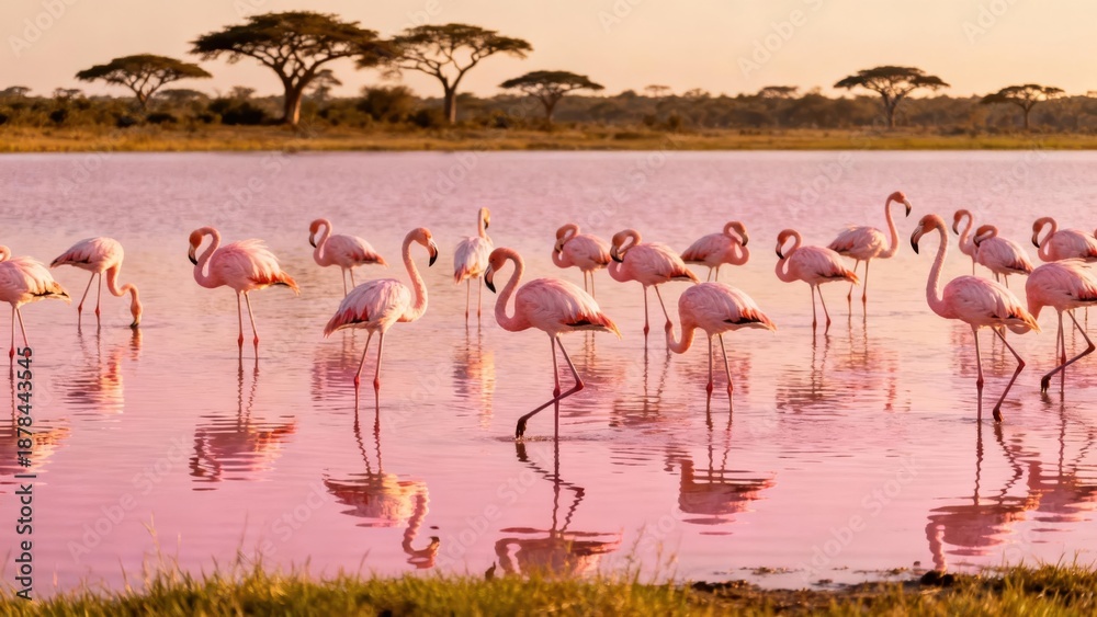Obraz premium Numerous pink flamingos wading through rosy water reflecting the pale golden hour light across the African savanna landscape.