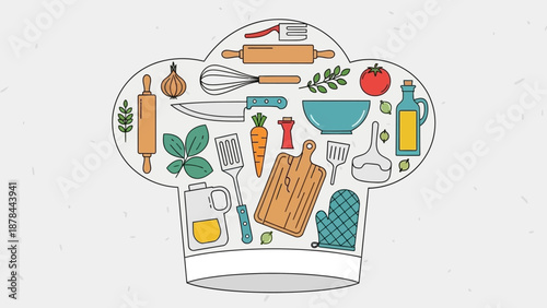 Chef Hat Filled with Kitchen Utensils and Ingredients, Culinary Art