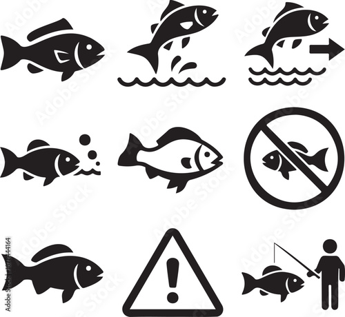 Diverse collection of fish and fishing icons, including jumping, caught, and warning signs