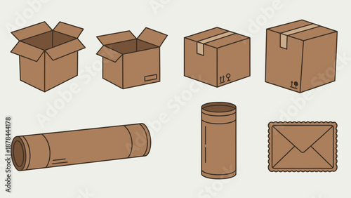 Collection of Cardboard Packaging Items: Boxes, Tube, Envelope