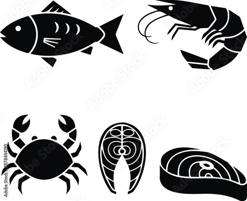 A collection of black silhouette icons representing various types of fresh seafood and fish products