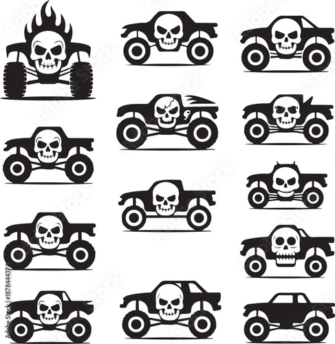 blackandwhite monster truck icons with skulls on white background