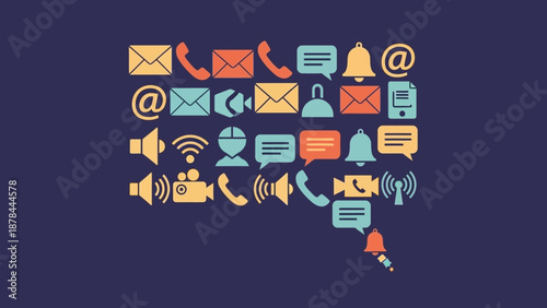 Communication Icons Collage in Speech Bubble Shape on Dark Blue Background
