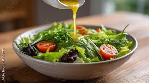 Fresh green salad with cherry tomatoes being drizzled with golden dressing in a bowl