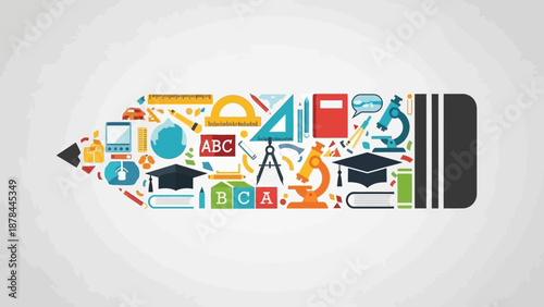 Education Concept: Pencil made of school supplies and learning icons