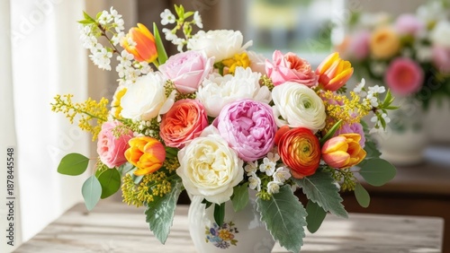 Beautiful bouquet of colorful flowers in a white vase on a table