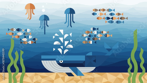 Flat design whale spouting water with fish and jellyfish in ocean