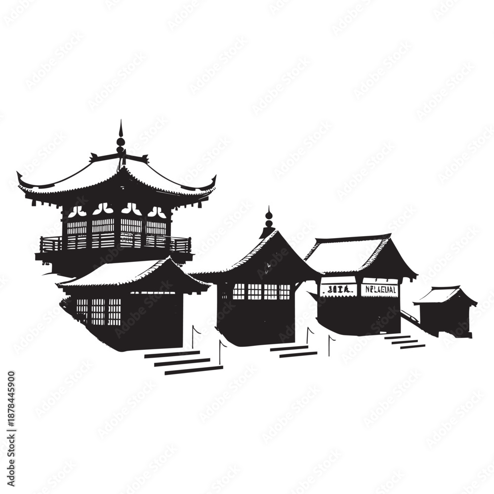 Fototapeta premium Serene snowy village with traditional black buildings and snow-covered roofs