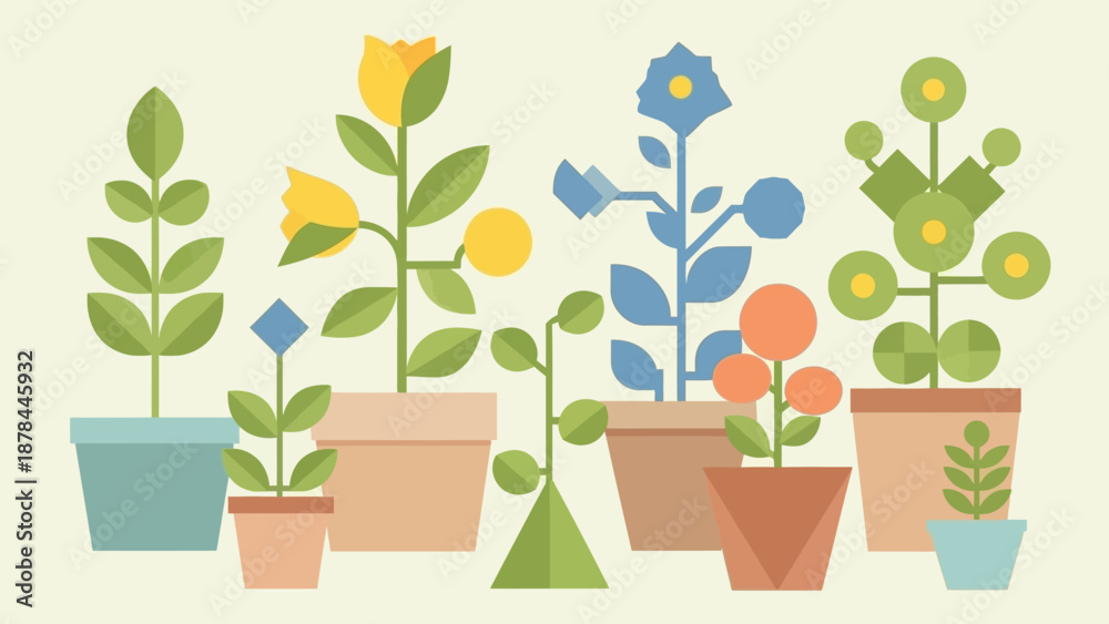 Obraz premium Geometric Potted Plants Illustration - Flat Design Garden