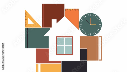 Home Education Concept: House, Books, Clock, and Rulers