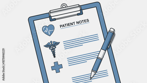 Medical Clipboard with Patient Notes, Heartbeat, Caduceus, and Pen