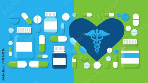 Medical Heart Symbol with Pills and Capsules, Healthcare Concept