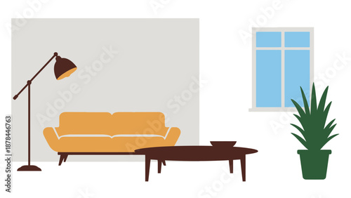 Modern living room interior with sofa, lamp, coffee table and potted plant.