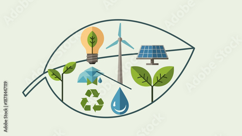 Renewable Energy and Sustainability Icons Inside a Leaf Outline