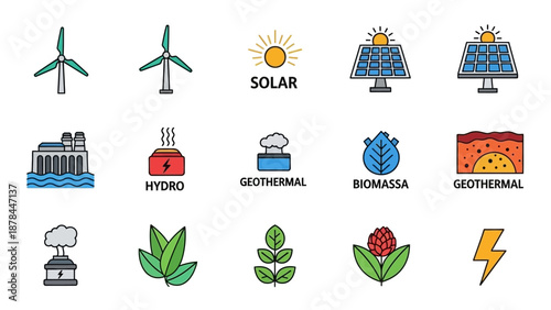 Renewable Energy Sources Icons: Wind, Solar, Hydro, Geothermal, Biomass