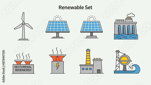 Renewable Energy Set Icons: Wind, Solar, Hydro, Geothermal, Bioenergy, Factory