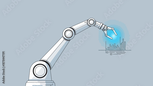 Robotic arm with glowing blue light in industrial factory setting