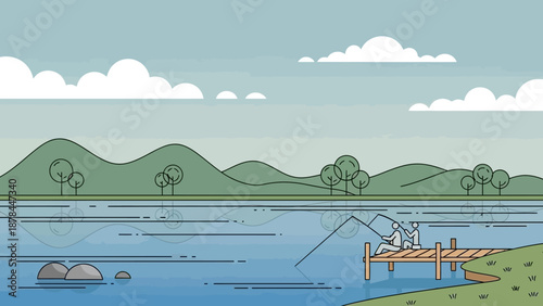 Serene Lakeside Fishing Scene with Two Anglers on a Wooden Pier